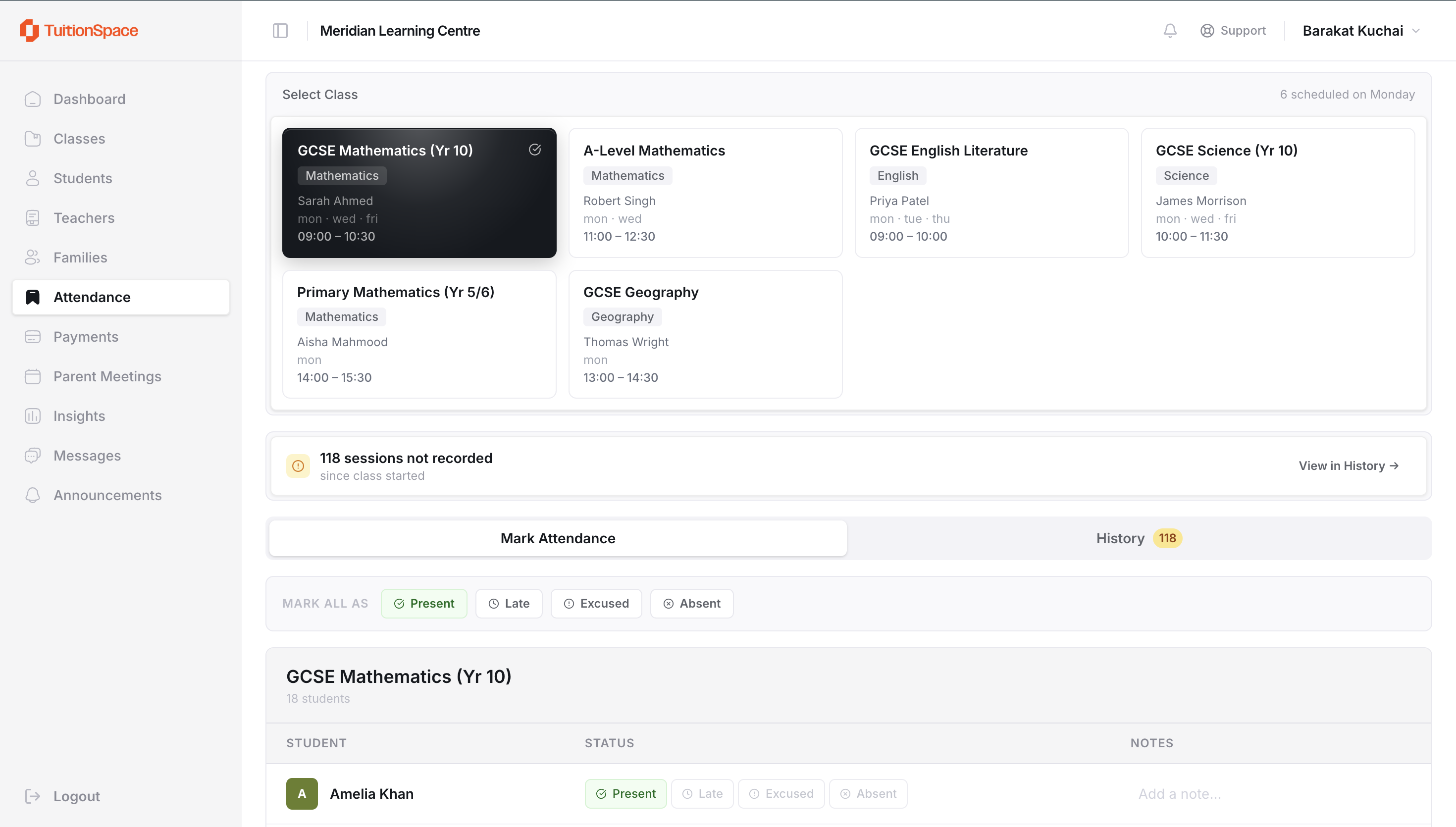 Attendance tracking interface