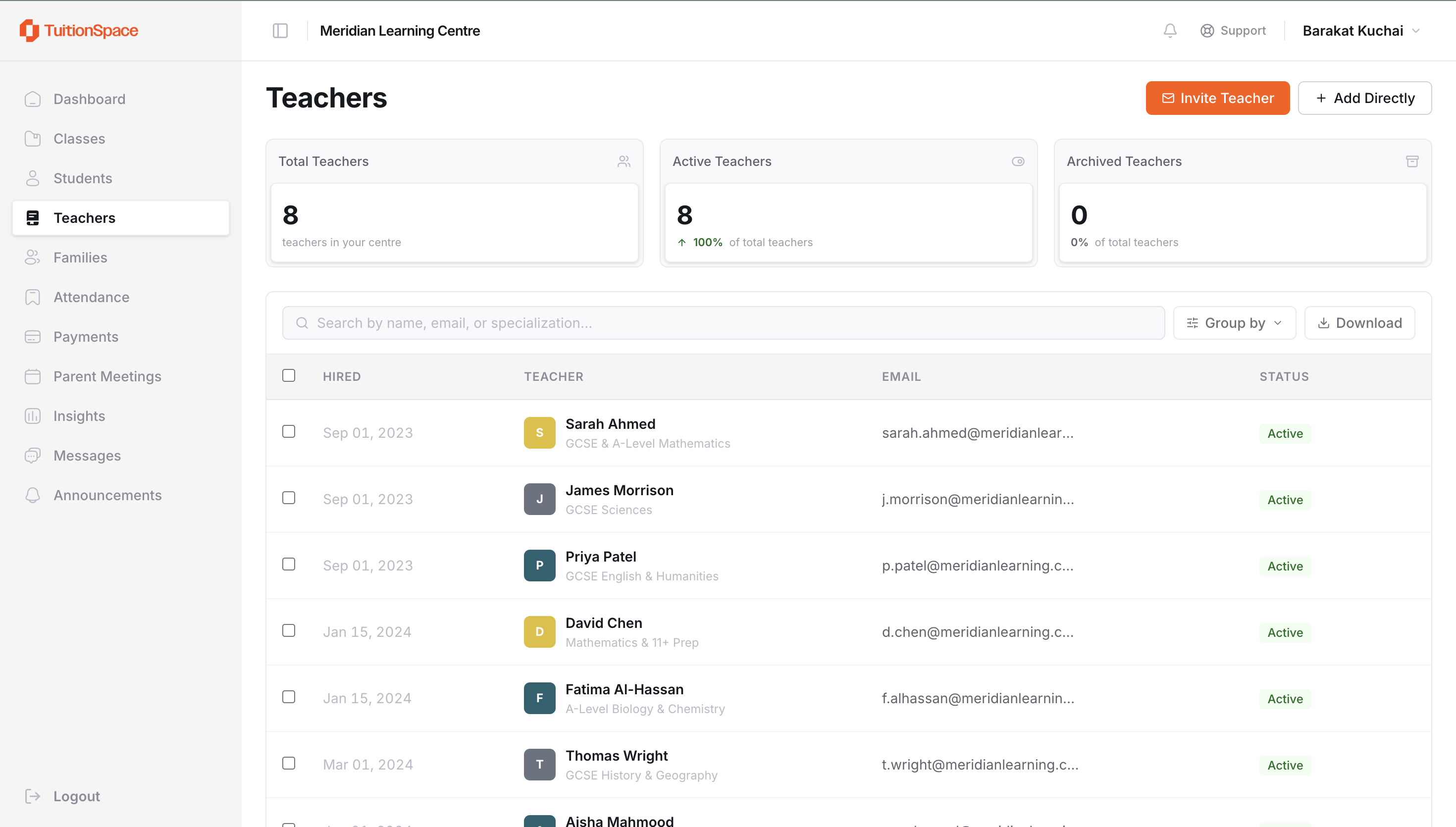 Teacher management dashboard
